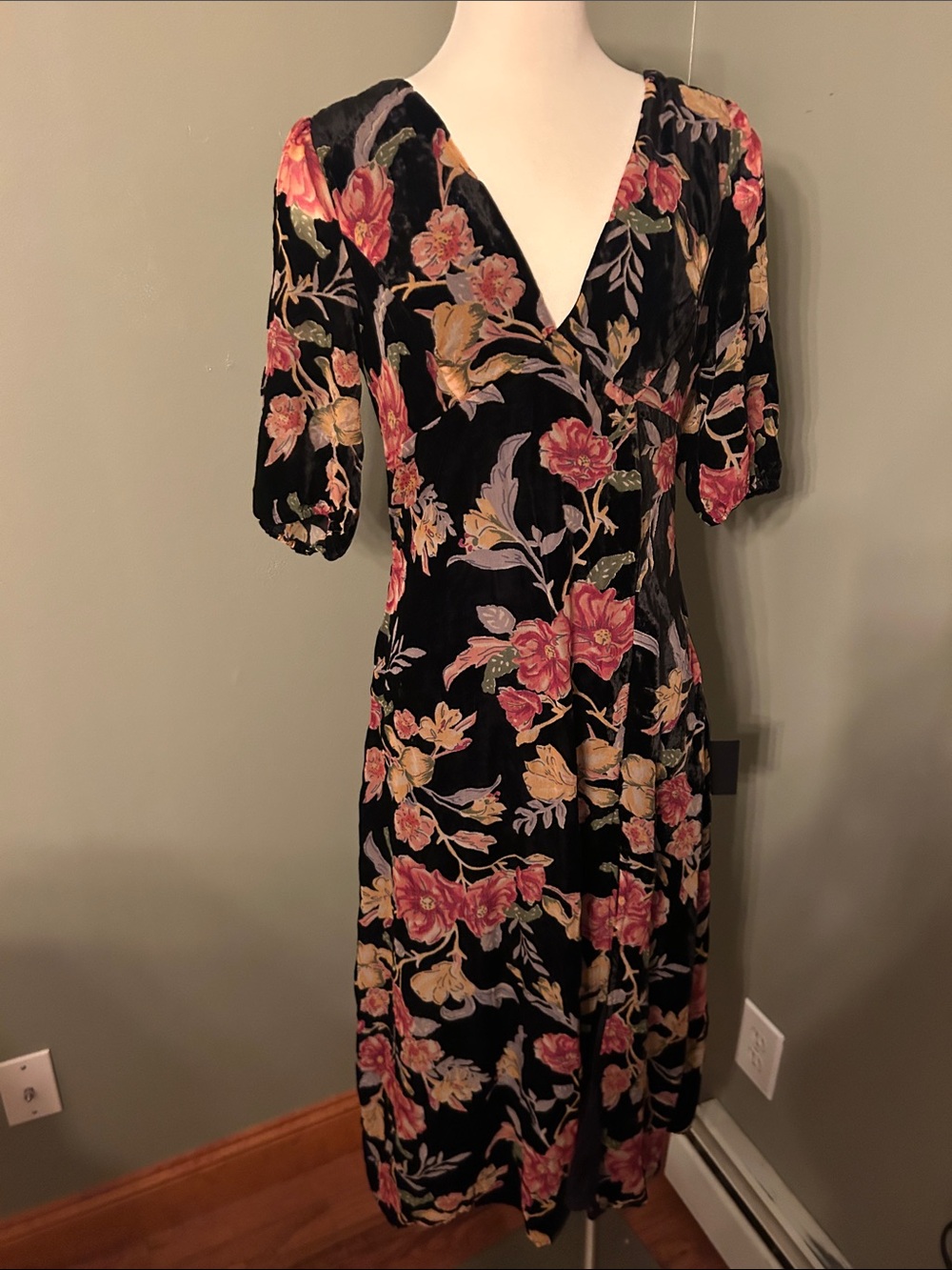 Lulu's Black Velvet Midi Dress with Pink and Yellow Floral Print